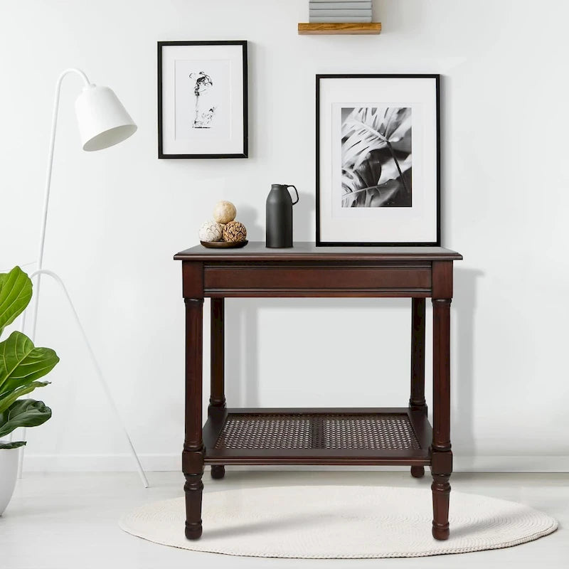 Copper Grove Reine Cream Side Table with Rattan Shelf