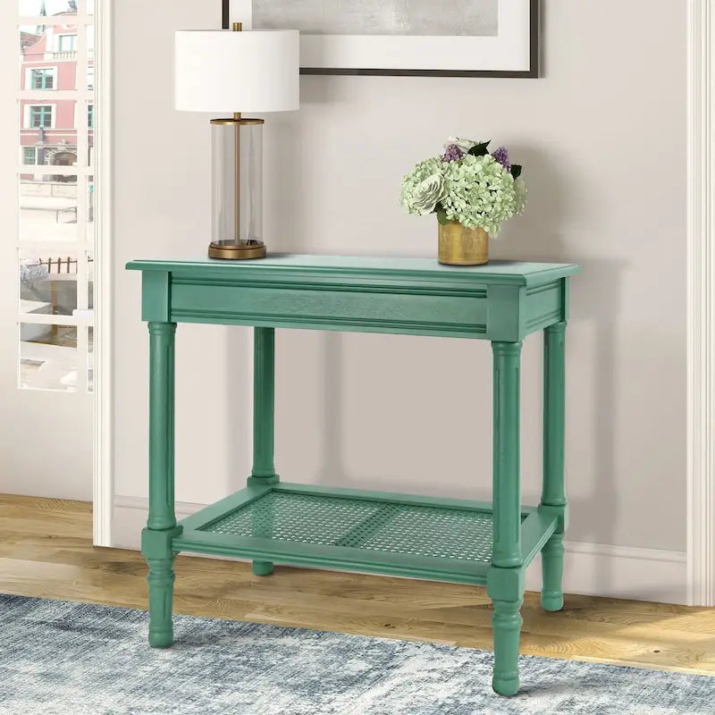 Copper Grove Reine Cream Side Table with Rattan Shelf