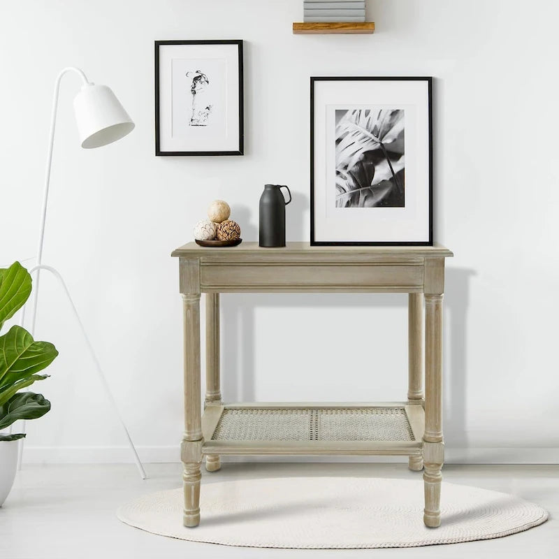 Copper Grove Reine Cream Side Table with Rattan Shelf