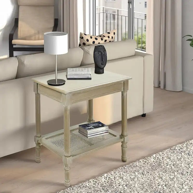 Copper Grove Reine Cream Side Table with Rattan Shelf