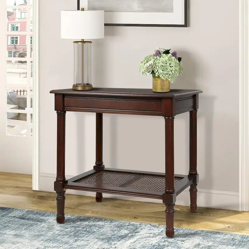 Copper Grove Reine Cream Side Table with Rattan Shelf