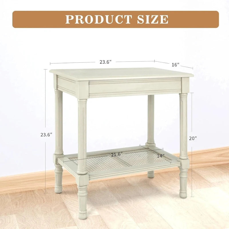 Copper Grove Reine Cream Side Table with Rattan Shelf
