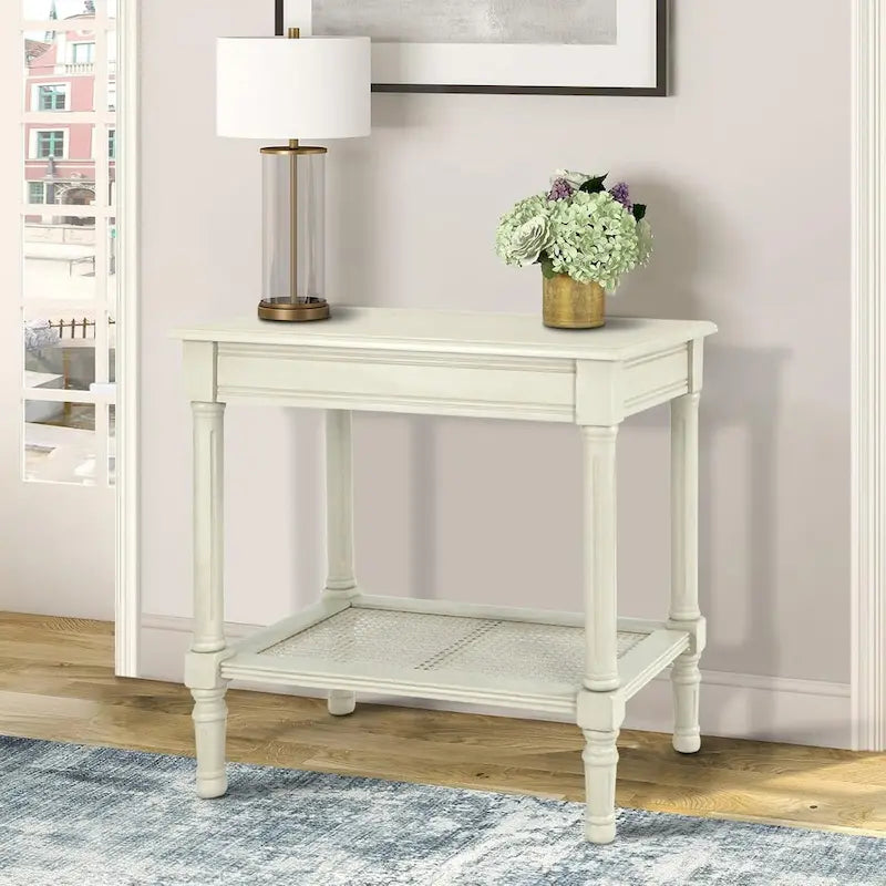 Copper Grove Reine Cream Side Table with Rattan Shelf