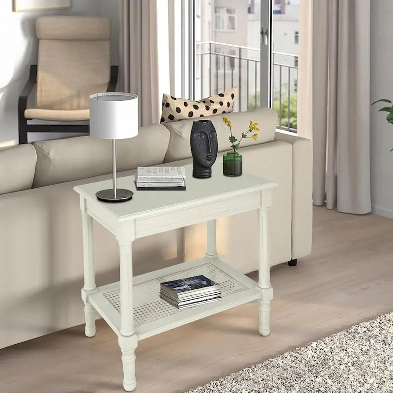 Copper Grove Reine Cream Side Table with Rattan Shelf
