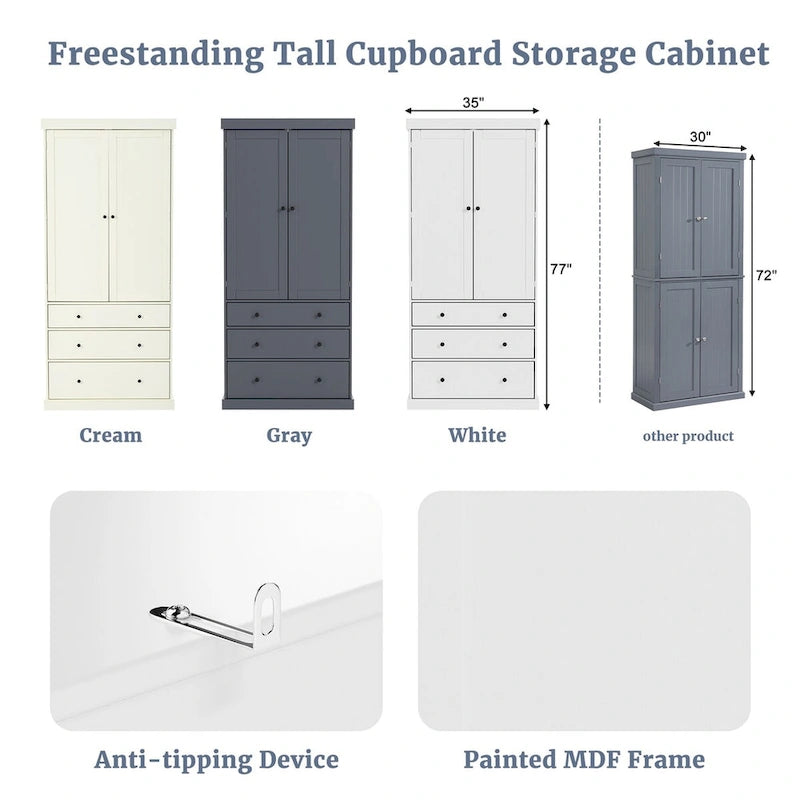 77inch Farmhouse Kitchen Pantry, Freestanding Tall Cupboard Storage Cabinet with 3 Adjustable Shelves, 8 Door Shelves, 3 Drawers