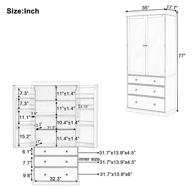 77inch Farmhouse Kitchen Pantry, Freestanding Tall Cupboard Storage Cabinet with 3 Adjustable Shelves, 8 Door Shelves, 3 Drawers