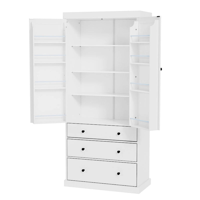 77inch Farmhouse Kitchen Pantry, Freestanding Tall Cupboard Storage Cabinet with 3 Adjustable Shelves, 8 Door Shelves, 3 Drawers