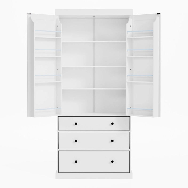 77inch Farmhouse Kitchen Pantry, Freestanding Tall Cupboard Storage Cabinet with 3 Adjustable Shelves, 8 Door Shelves, 3 Drawers