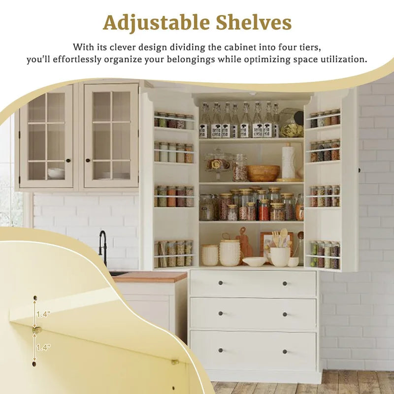 77inch Farmhouse Kitchen Pantry, Freestanding Tall Cupboard Storage Cabinet with 3 Adjustable Shelves, 8 Door Shelves, 3 Drawers