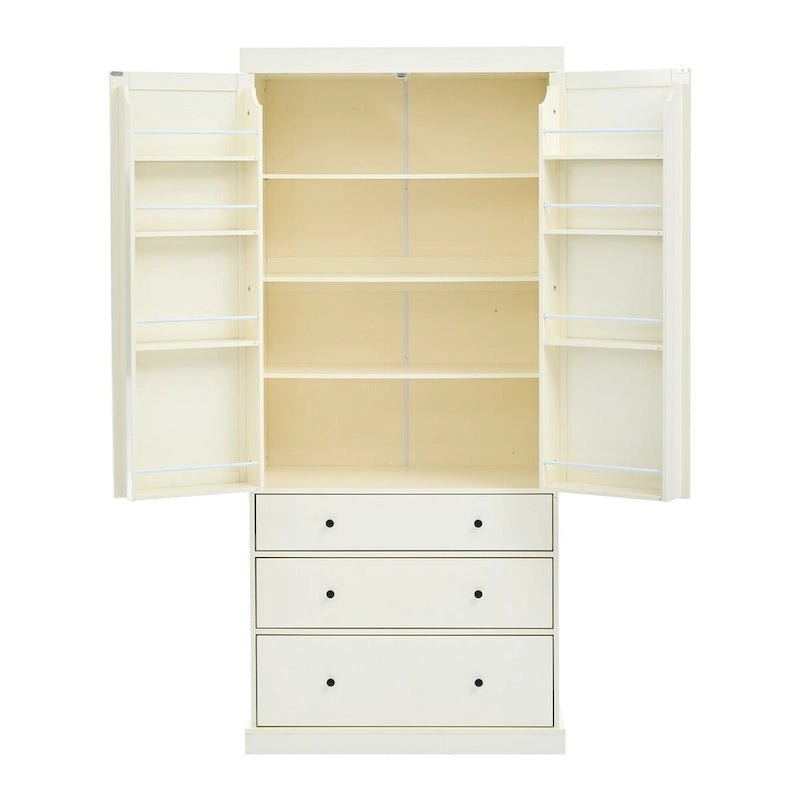 77inch Farmhouse Kitchen Pantry, Freestanding Tall Cupboard Storage Cabinet with 3 Adjustable Shelves, 8 Door Shelves, 3 Drawers