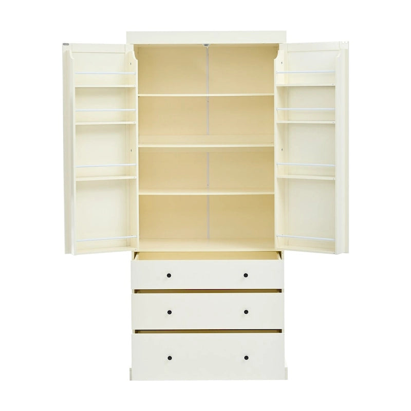 77inch Farmhouse Kitchen Pantry, Freestanding Tall Cupboard Storage Cabinet with 3 Adjustable Shelves, 8 Door Shelves, 3 Drawers