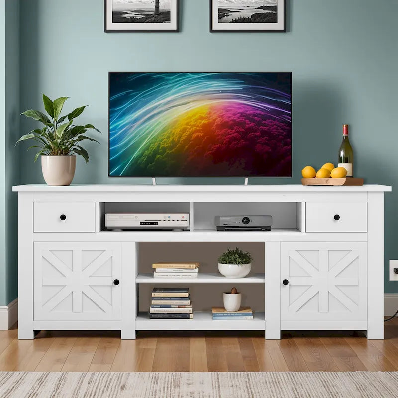 Moasis 70 Farmhouse TV Stand, Entertainment Center with Power Outlet for TVs Up to 80 Inch - 70L x 15.5W x 30H
