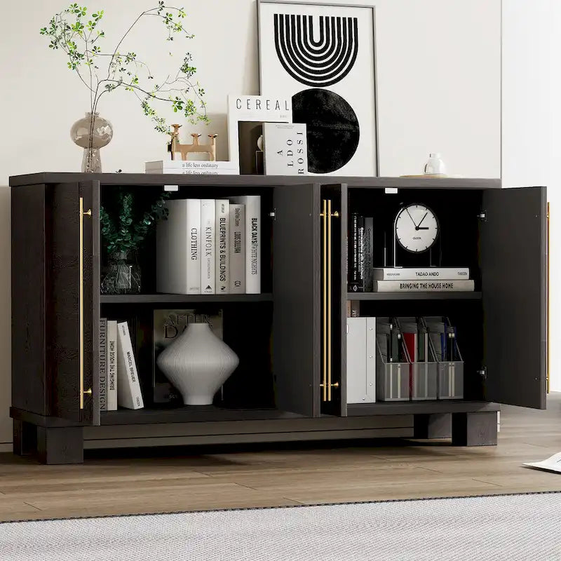 Wood Sideboard with Adjustable Shelves and Gold Handles