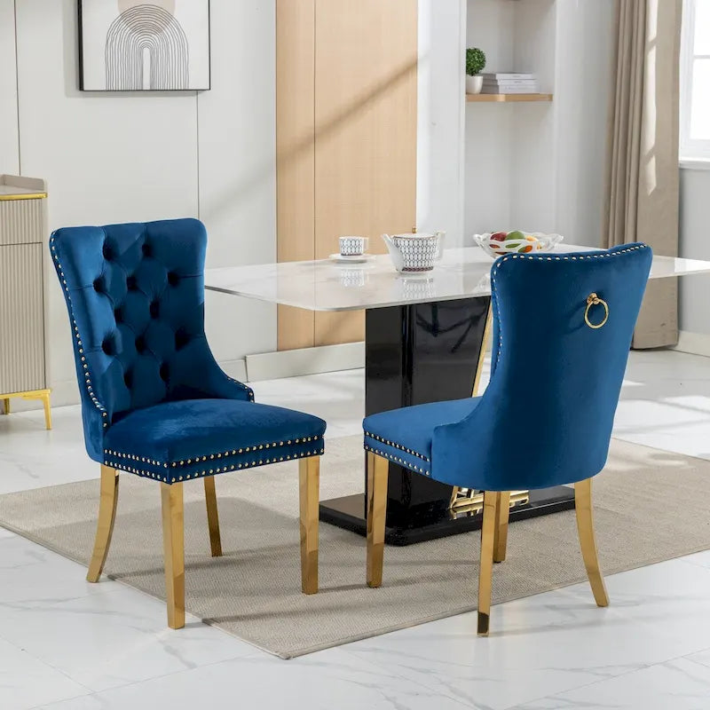 Set of 2 Velvet Dining Chairs with Nailhead Trim and Gold-Plated Legs