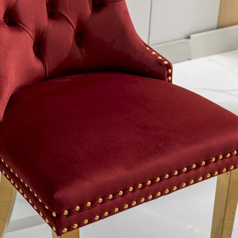 Set of 2 Velvet Dining Chairs with Nailhead Trim and Gold-Plated Legs