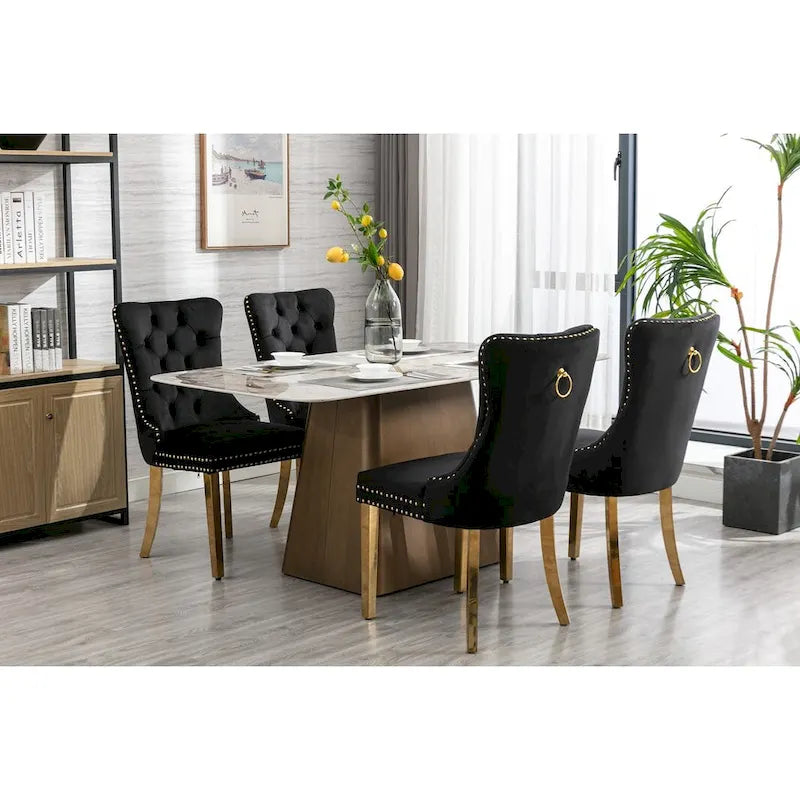 Set of 2 Velvet Dining Chairs with Nailhead Trim and Gold-Plated Legs