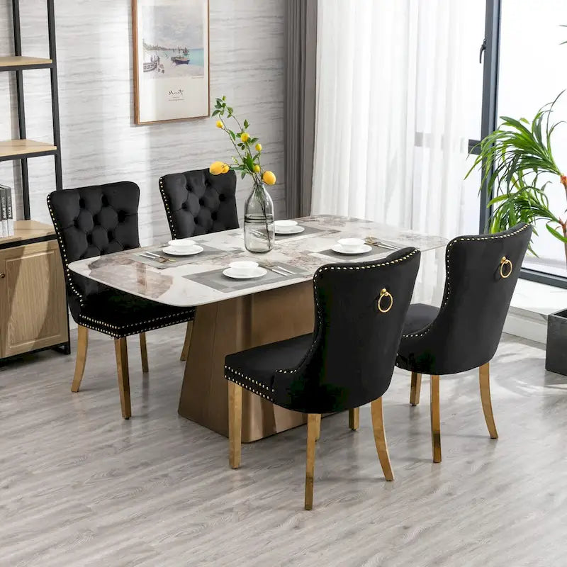 Set of 2 Velvet Dining Chairs with Nailhead Trim and Gold-Plated Legs