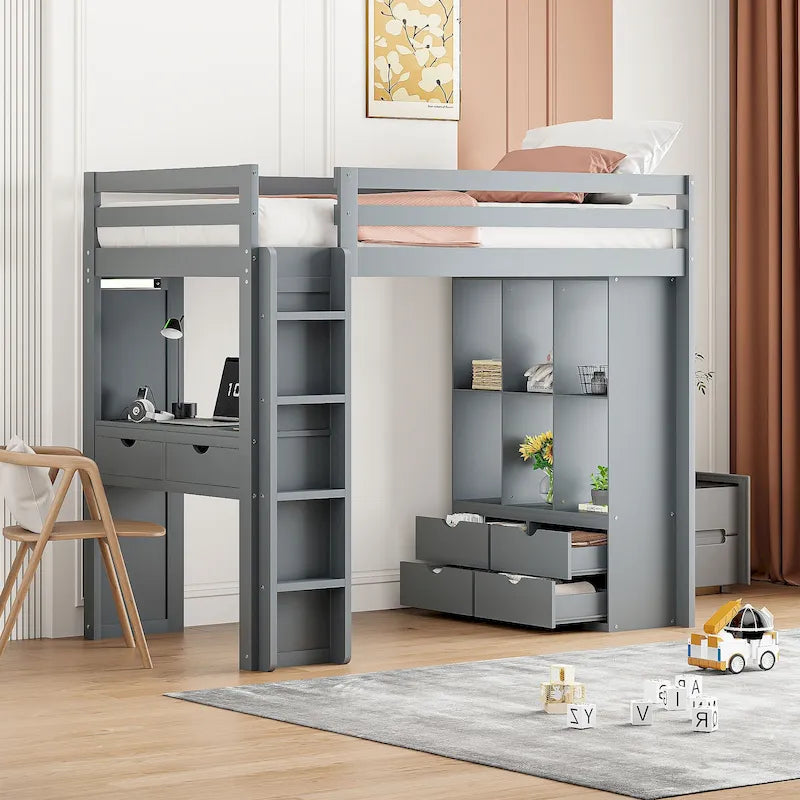 Loft Bed with Large Shelves, Writing Desk and LED Light