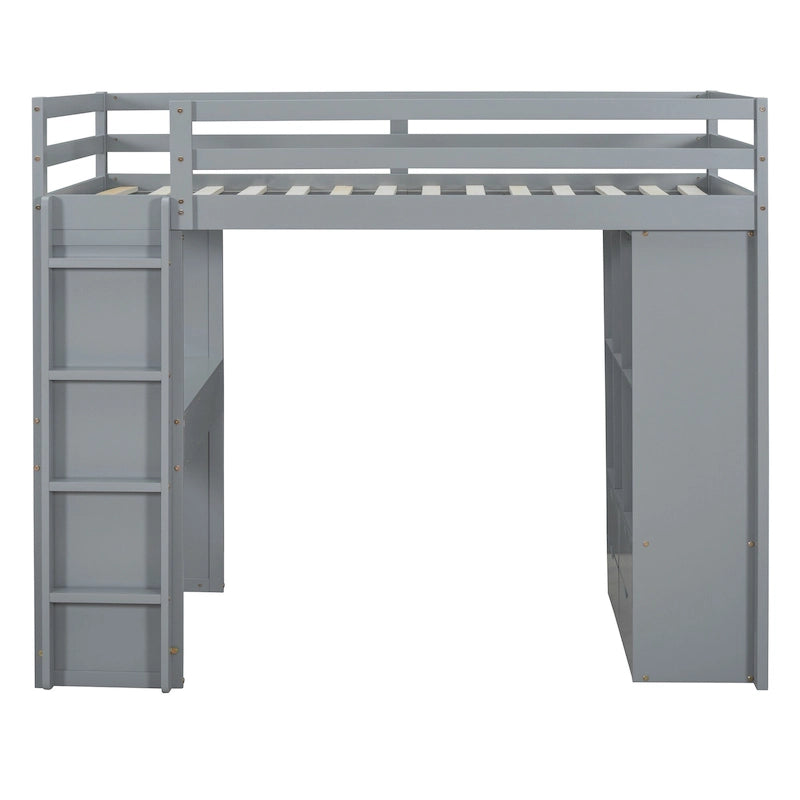 Loft Bed with Large Shelves, Writing Desk and LED Light
