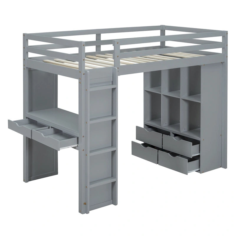 Loft Bed with Large Shelves, Writing Desk and LED Light