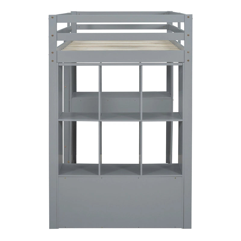 Loft Bed with Large Shelves, Writing Desk and LED Light