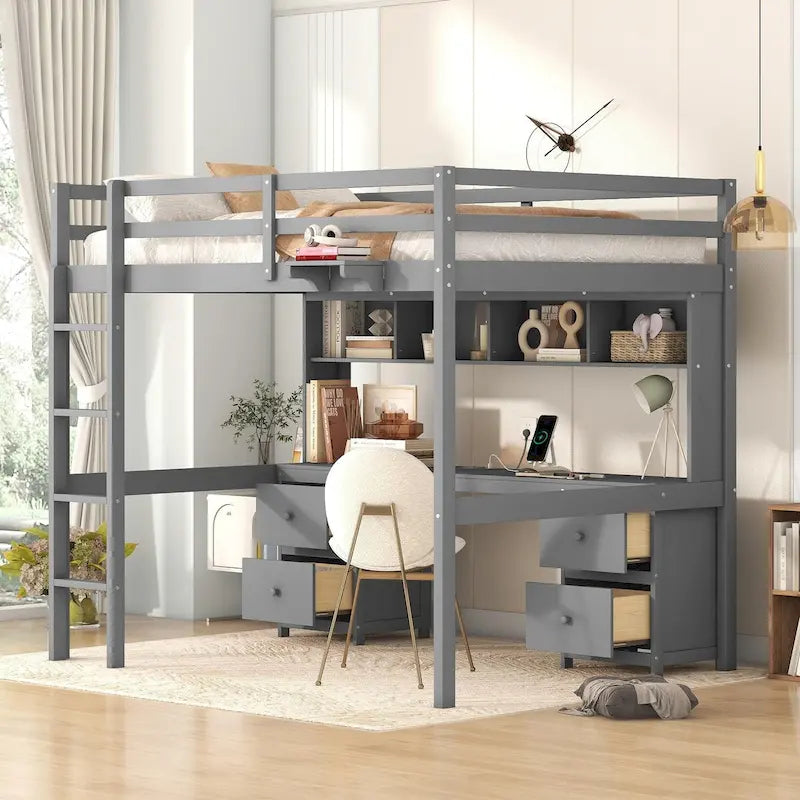 Nestfair Full Size Loft Bed with Desk and Cabinets