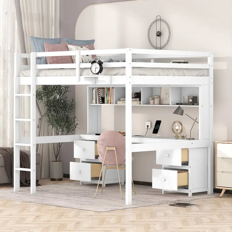Nestfair Full Size Loft Bed with Desk and Cabinets