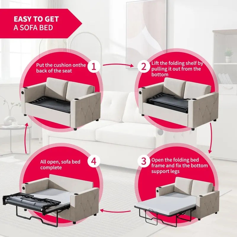 Mixoy Pull Out Sofa Bed,Sleeper Sofa Couch with Memory Foam Mattress,Cup Holder,USB,Pull Out Couch Bed