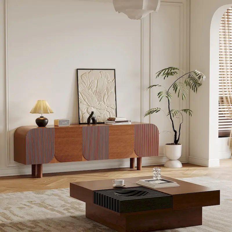 71 Mid Century Wood TV Stands, Modern Brown Media Console for Living Room, Pre-Assembled - 70.87x15.7