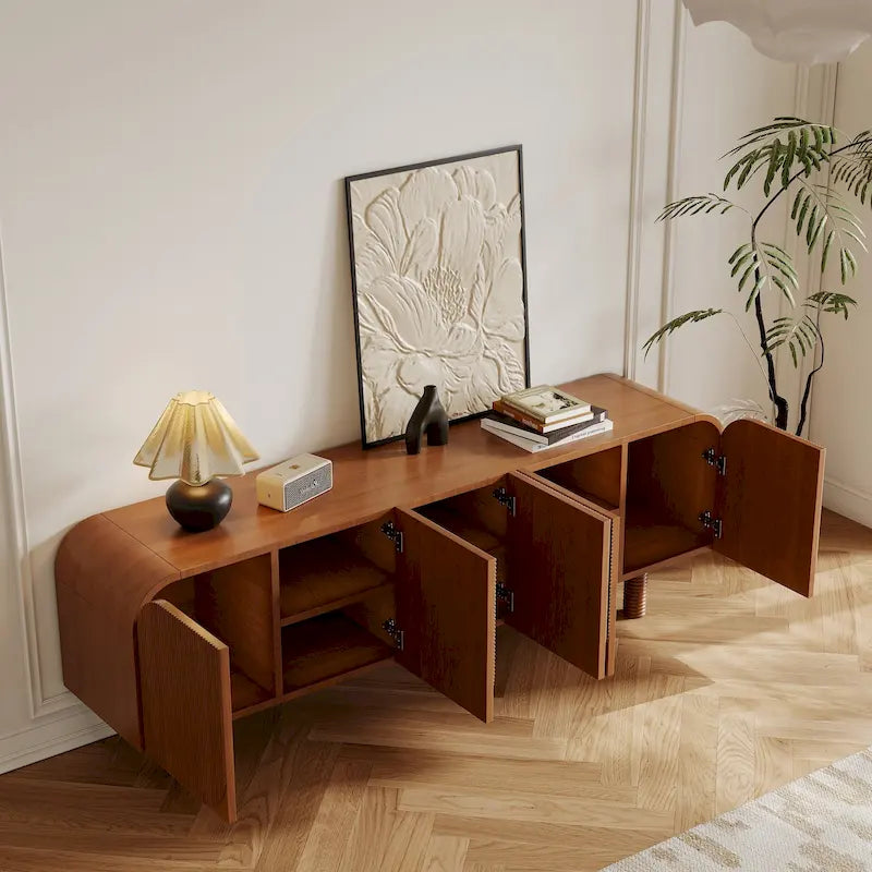 71 Mid Century Wood TV Stands, Modern Brown Media Console for Living Room, Pre-Assembled - 70.87x15.7