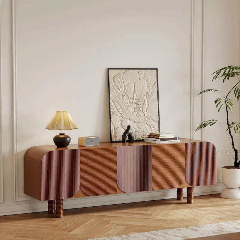 71 Mid Century Wood TV Stands, Modern Brown Media Console for Living Room, Pre-Assembled - 70.87x15.7