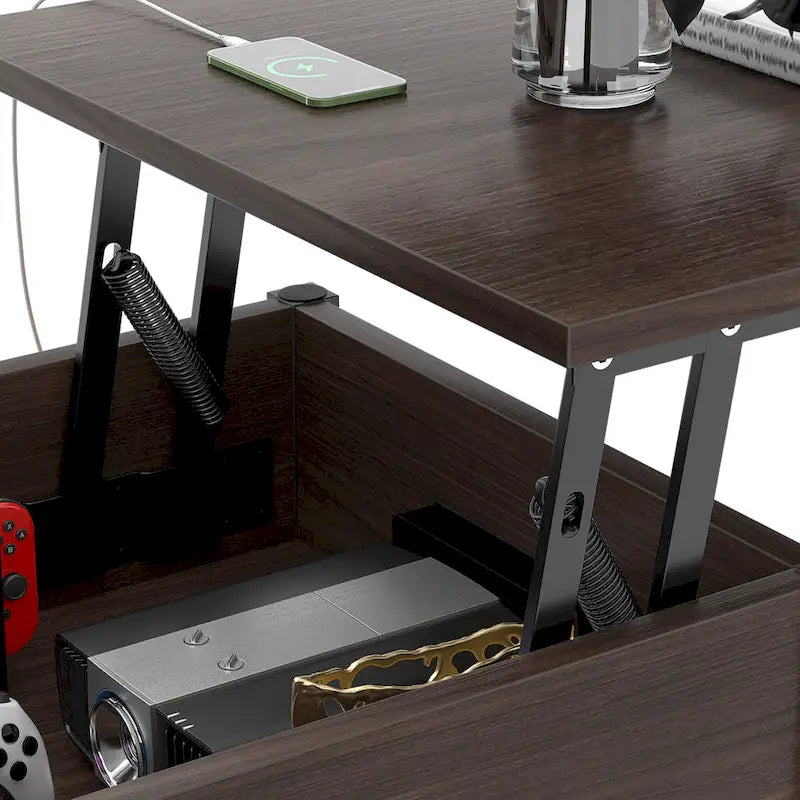 Modern Farmhouse Lift Top Coffee Table with USB Port and LED light, Living Room Accent Table