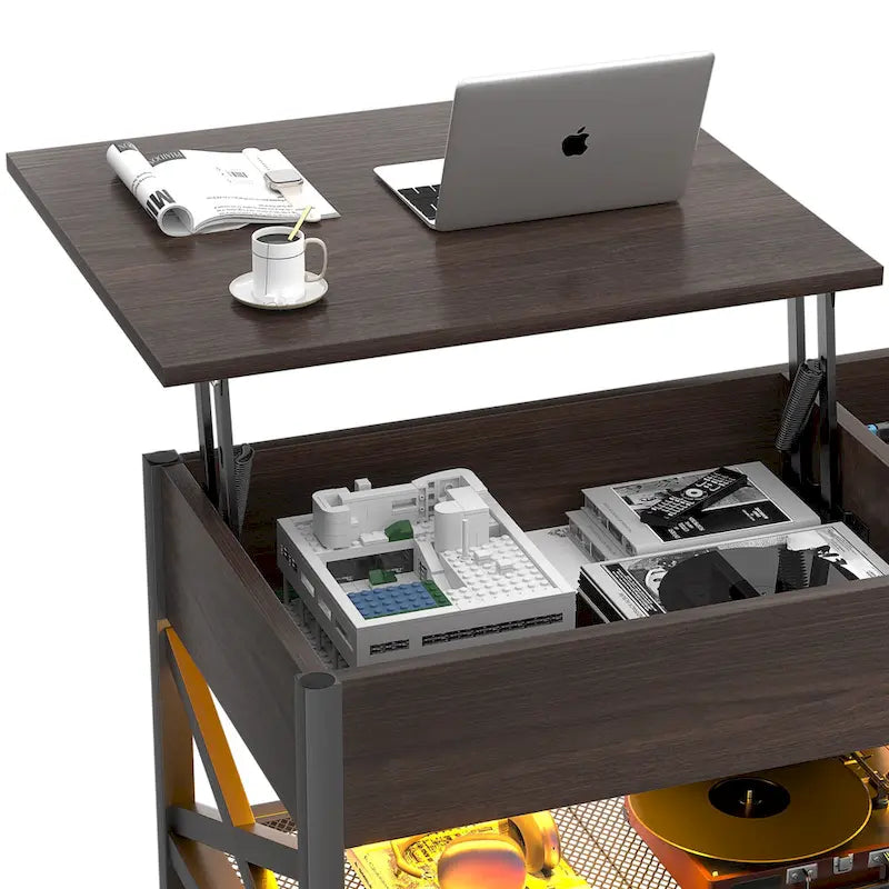 Modern Farmhouse Lift Top Coffee Table with USB Port and LED light, Living Room Accent Table