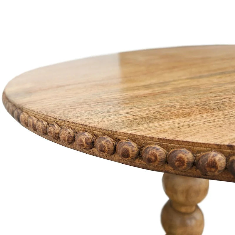 21 Inch Side End Table, Round Top, Stacked Ball Post, Natural Brown Mango Wood