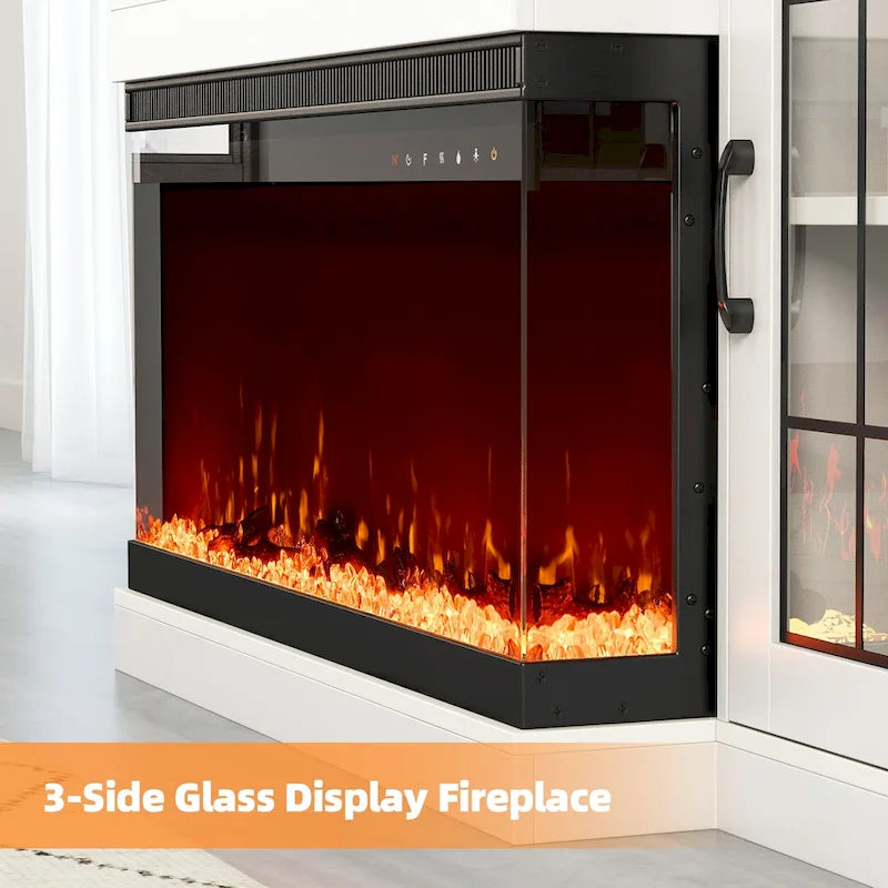 Erommy Adjustable Glass Shelves Entertainment Center with Electric Fireplace in Fireplace TV Stand