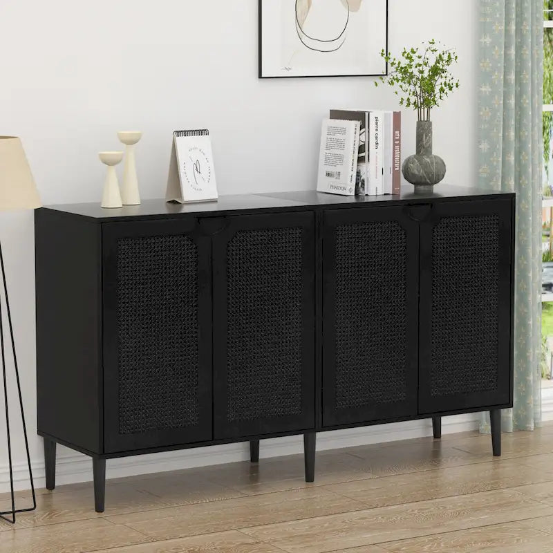 Anmytek 4-Door Black Rattan Buffet Sideboard Modern Accent Storage Cabinet with Adjustable Shelf - 63 W x 15.7 D x 35.4 H