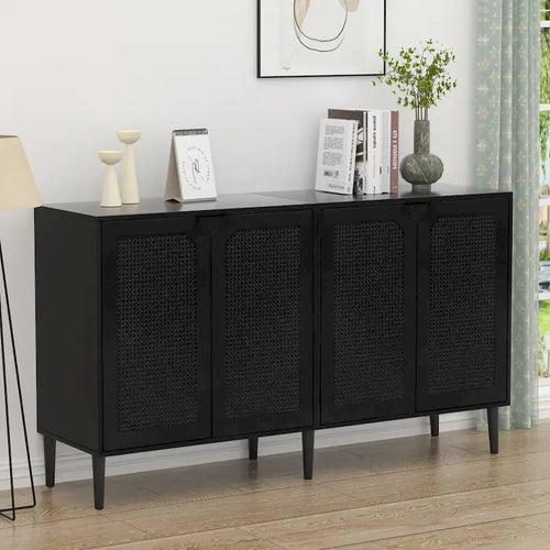 Anmytek 4-Door Black Rattan Buffet Sideboard Modern Accent Storage Cabinet with Adjustable Shelf - 63 W x 15.7 D x 35.4 H