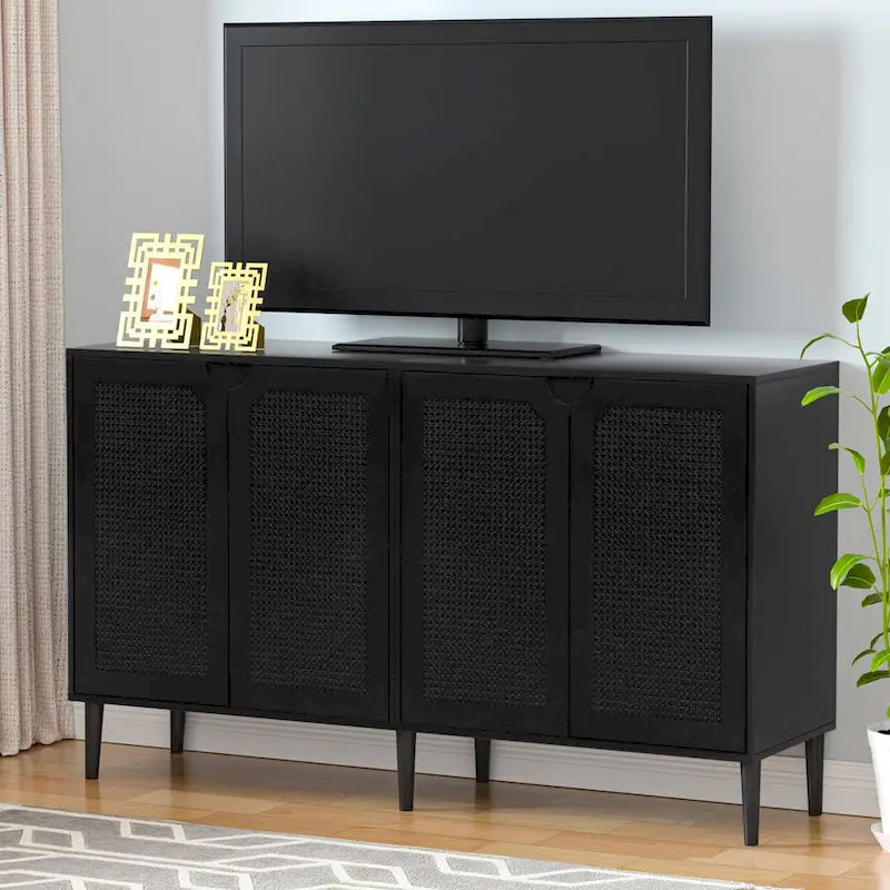 Anmytek 4-Door Black Rattan Buffet Sideboard Modern Accent Storage Cabinet with Adjustable Shelf - 63 W x 15.7 D x 35.4 H