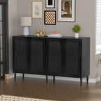 Anmytek 4-Door Black Rattan Buffet Sideboard Modern Accent Storage Cabinet with Adjustable Shelf - 63 W x 15.7 D x 35.4 H