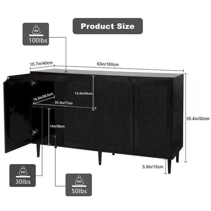 Anmytek 4-Door Black Rattan Buffet Sideboard Modern Accent Storage Cabinet with Adjustable Shelf - 63 W x 15.7 D x 35.4 H