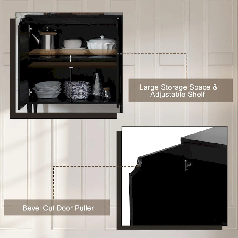 Anmytek 4-Door Black Rattan Buffet Sideboard Modern Accent Storage Cabinet with Adjustable Shelf - 63 W x 15.7 D x 35.4 H