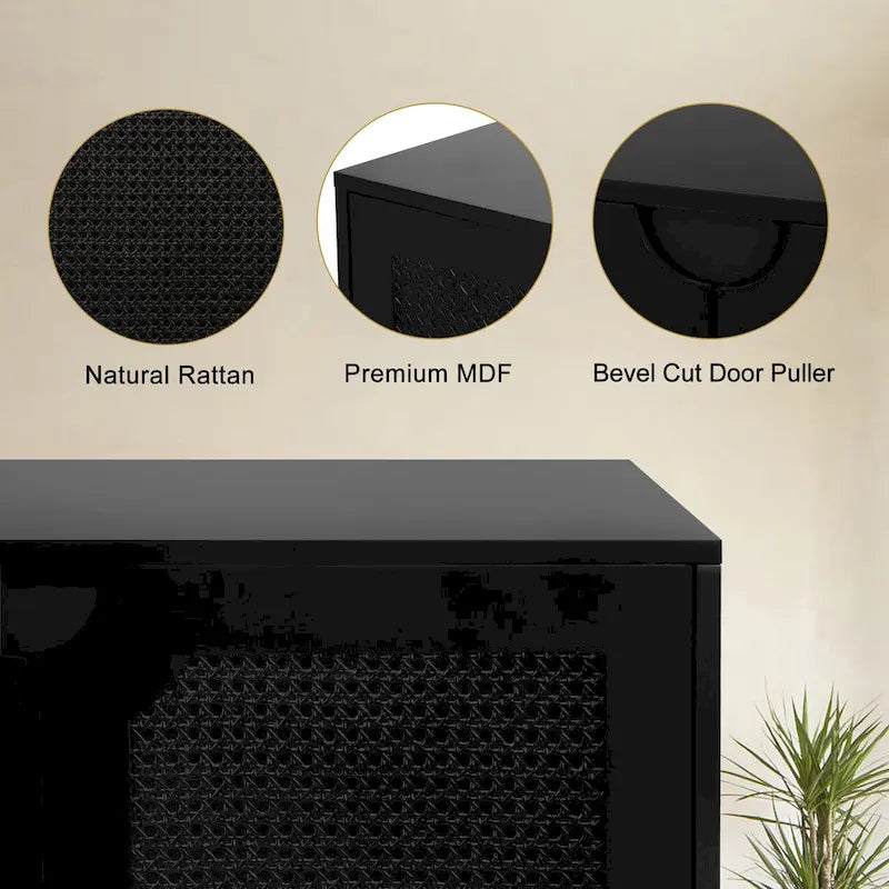 Anmytek 4-Door Black Rattan Buffet Sideboard Modern Accent Storage Cabinet with Adjustable Shelf - 63 W x 15.7 D x 35.4 H