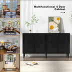 Anmytek 4-Door Black Rattan Buffet Sideboard Modern Accent Storage Cabinet with Adjustable Shelf - 63 W x 15.7 D x 35.4 H
