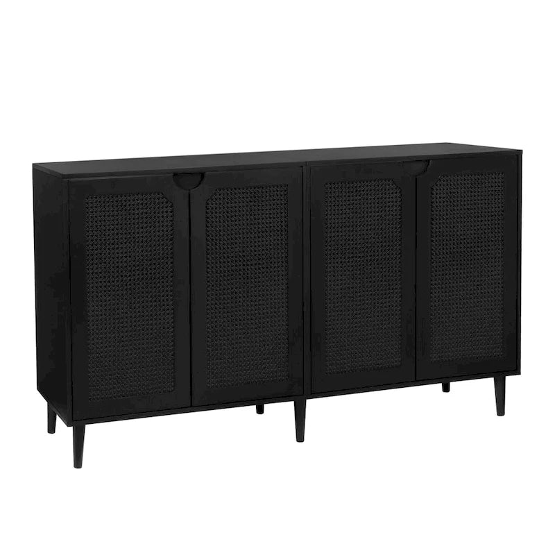 Anmytek 4-Door Black Rattan Buffet Sideboard Modern Accent Storage Cabinet with Adjustable Shelf - 63 W x 15.7 D x 35.4 H