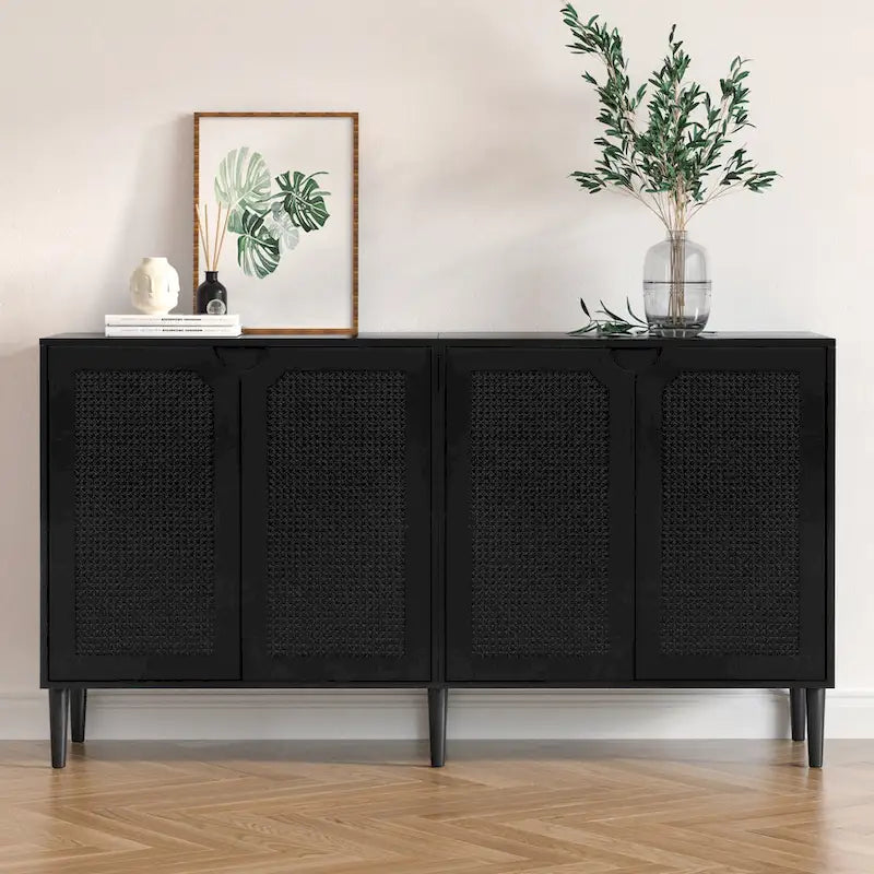 Anmytek 4-Door Black Rattan Buffet Sideboard Modern Accent Storage Cabinet with Adjustable Shelf - 63 W x 15.7 D x 35.4 H