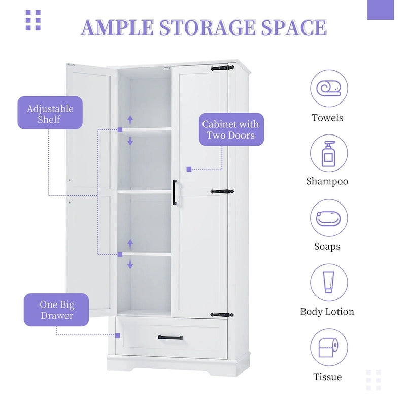 Tall Bathroom Storage Cabinet with 2 Doors, 1 Drawer & Adjustable Shelf