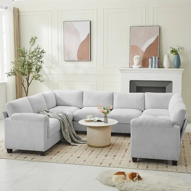 Corduroy Corner Sectional Sofas with Chaise, U-shaped Symmetrical 8-seat Modular Couch