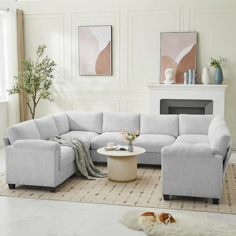 Corduroy Corner Sectional Sofas with Chaise, U-shaped Symmetrical 8-seat Modular Couch