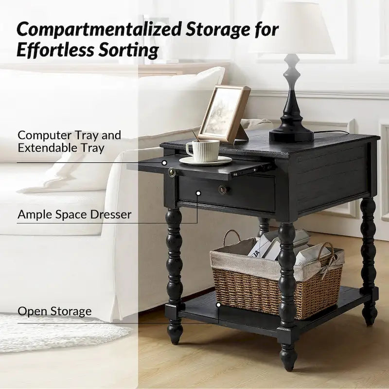 Eric Traditional 26 Tall Solid Wood End Table with USB by HULALA HOME