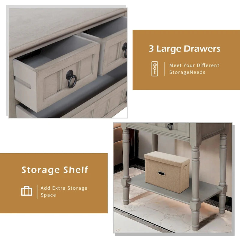 Console Table with 3 Drawers, Sofa Side Table with Bottom Open Storage Shelf, Heavy-Duty Entryway Table for Hallway/Living Room